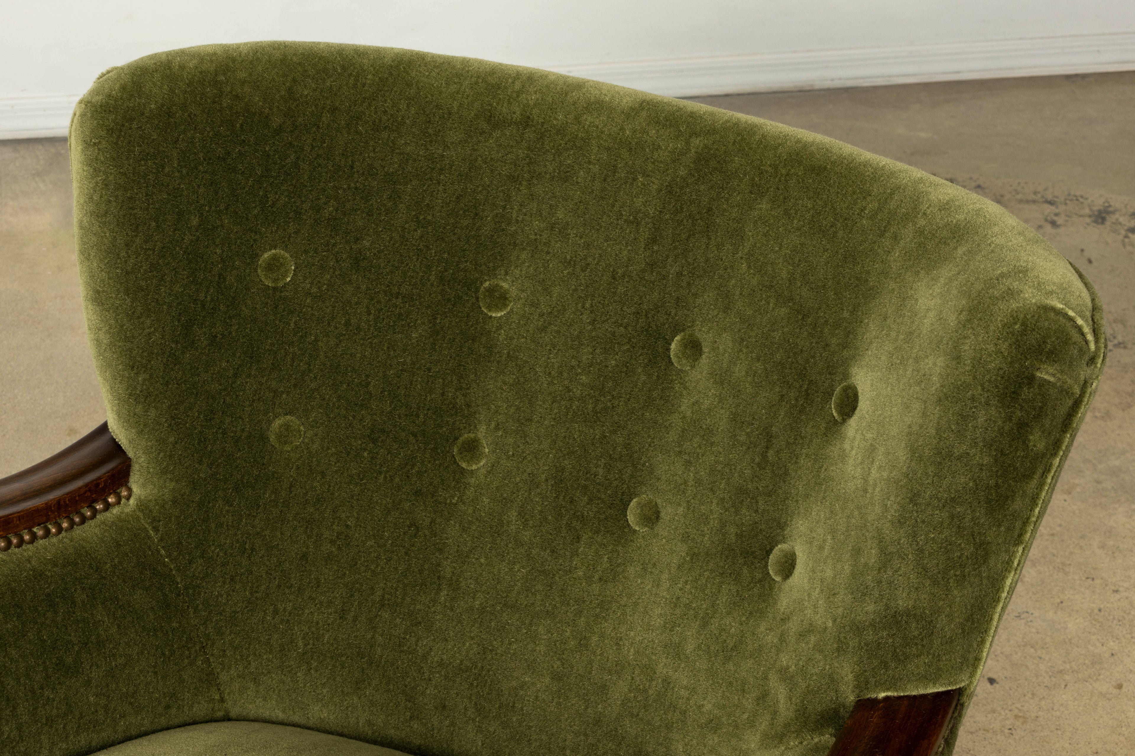 1940s Danish Art Deco Walnut Lounge Chairs by Alfred Christensen in Olive Green Mohair, Pair