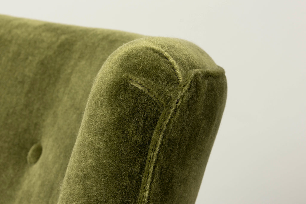 1940s Danish Art Deco Walnut Lounge Chairs by Alfred Christensen in Olive Green Mohair, Pair