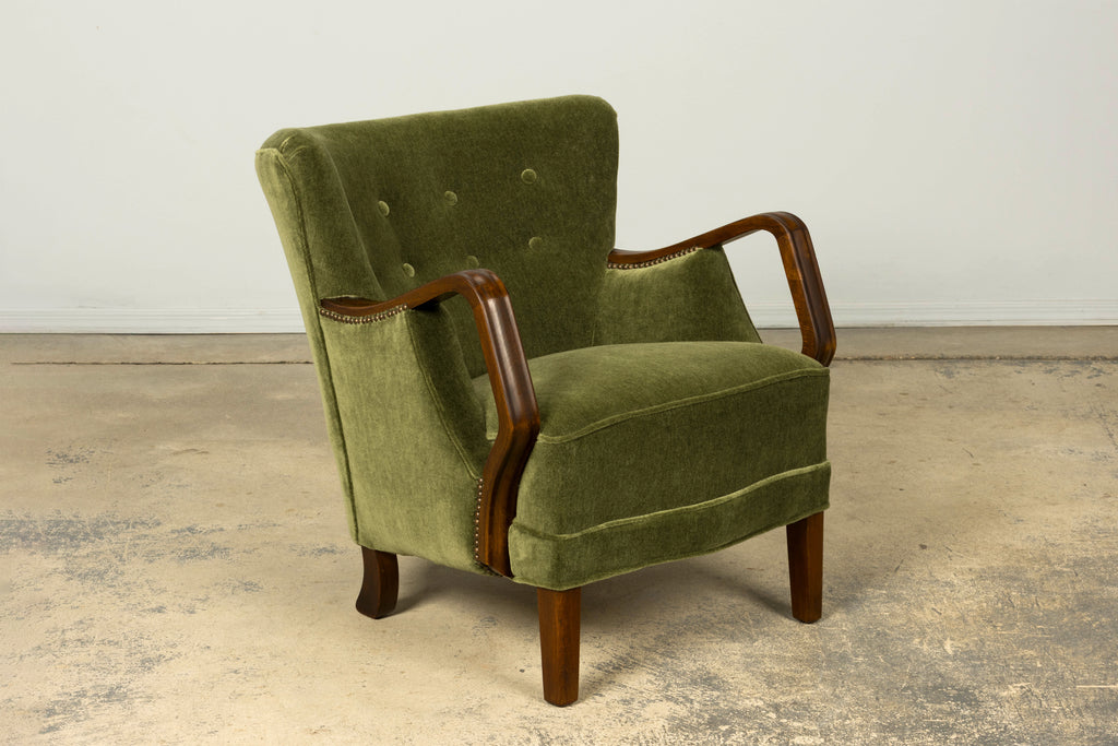 1940s Danish Art Deco Walnut Lounge Chairs by Alfred Christensen in Olive Green Mohair, Pair