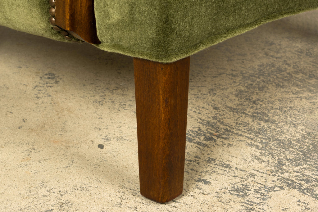 1940s Danish Art Deco Walnut Lounge Chairs by Alfred Christensen in Olive Green Mohair, Pair
