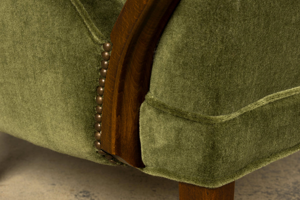 1940s Danish Art Deco Walnut Lounge Chairs by Alfred Christensen in Olive Green Mohair, Pair
