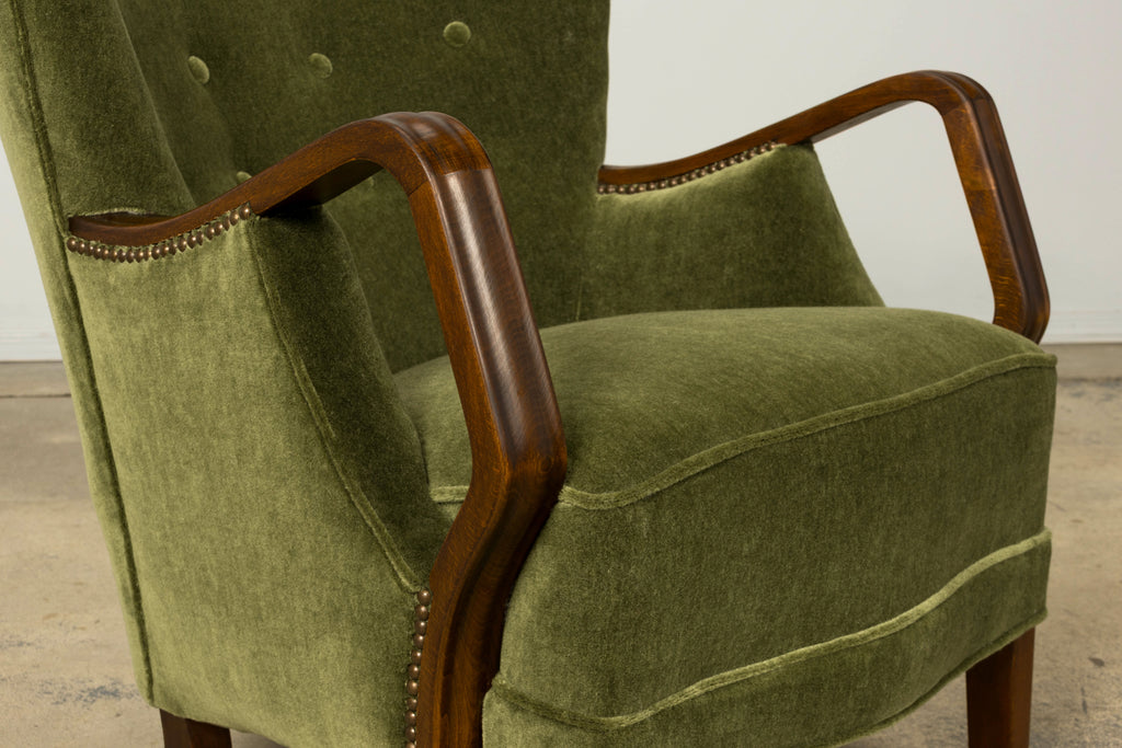 1940s Danish Art Deco Walnut Lounge Chairs by Alfred Christensen in Olive Green Mohair, Pair