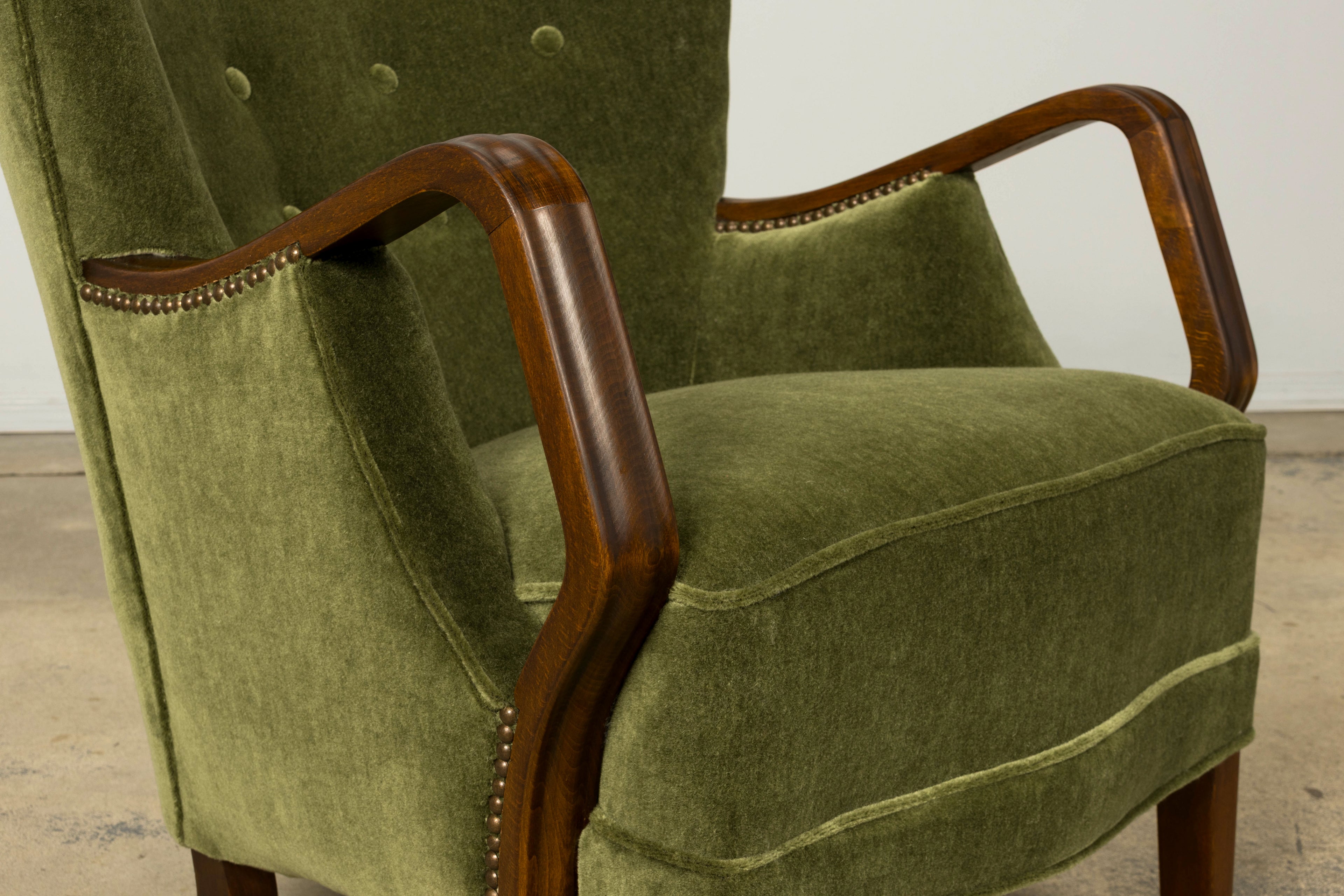 1940s Danish Art Deco Walnut Lounge Chairs by Alfred Christensen in Olive Green Mohair, Pair