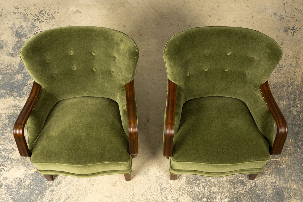 1940s Danish Art Deco Walnut Lounge Chairs by Alfred Christensen in Olive Green Mohair, Pair
