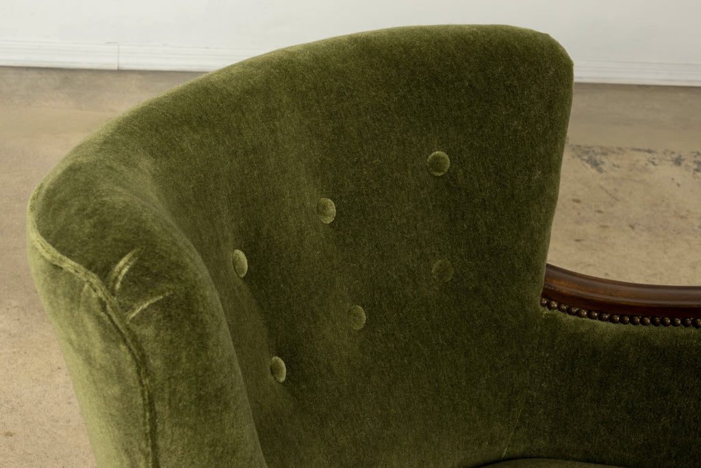 1940s Danish Art Deco Walnut Lounge Chairs by Alfred Christensen in Olive Green Mohair, Pair