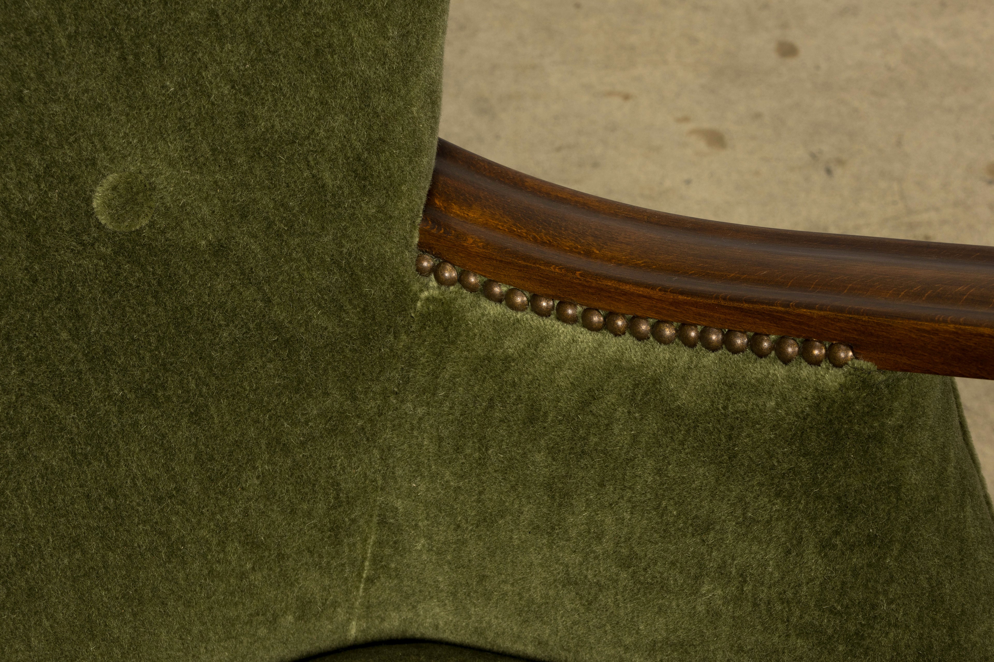 1940s Danish Art Deco Walnut Lounge Chairs by Alfred Christensen in Olive Green Mohair, Pair