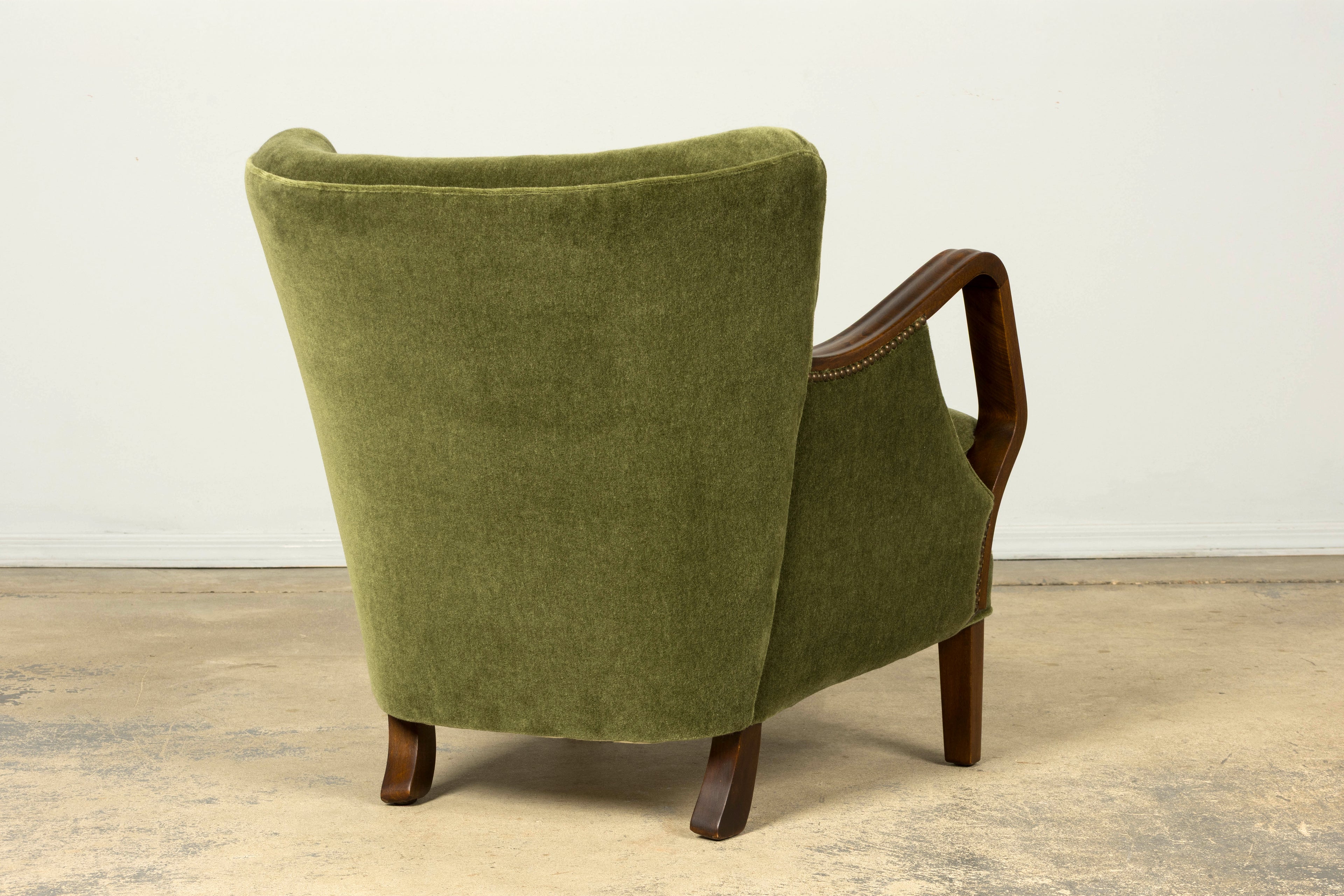 1940s Danish Art Deco Walnut Lounge Chairs by Alfred Christensen in Olive Green Mohair, Pair