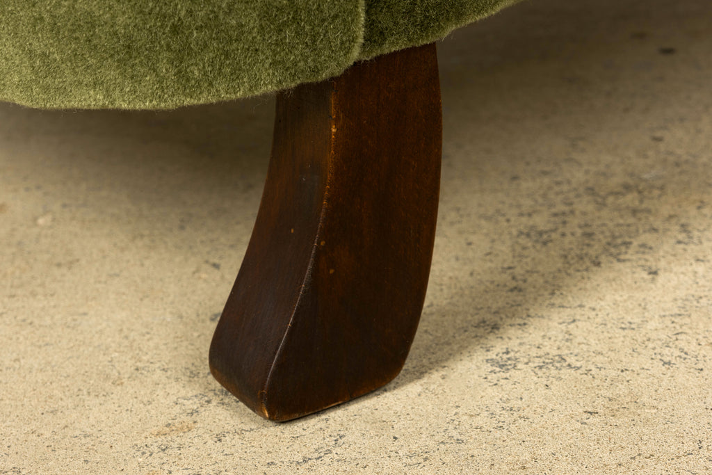 1940s Danish Art Deco Walnut Lounge Chairs by Alfred Christensen in Olive Green Mohair, Pair