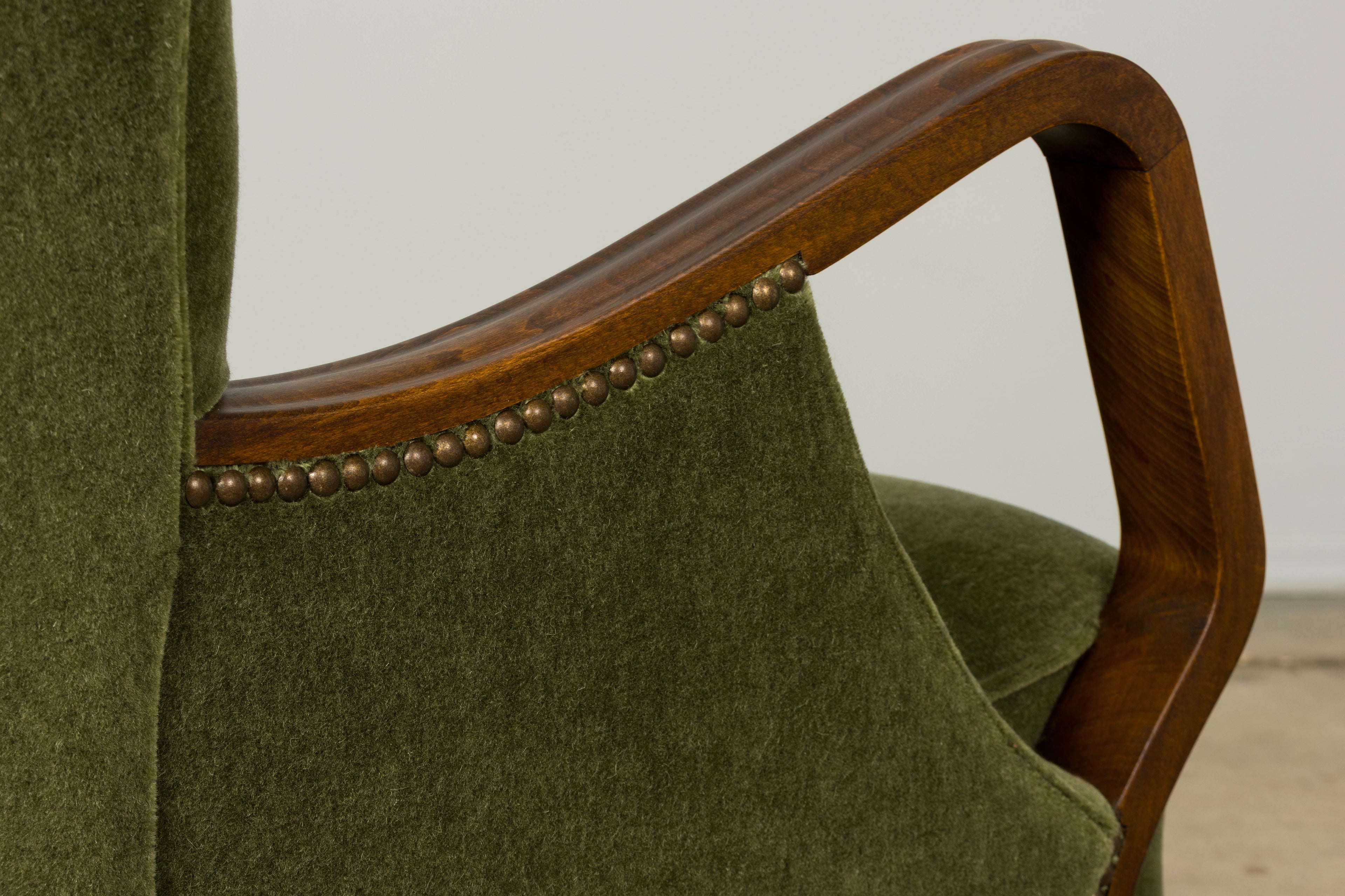 1940s Danish Art Deco Walnut Lounge Chairs by Alfred Christensen in Olive Green Mohair, Pair