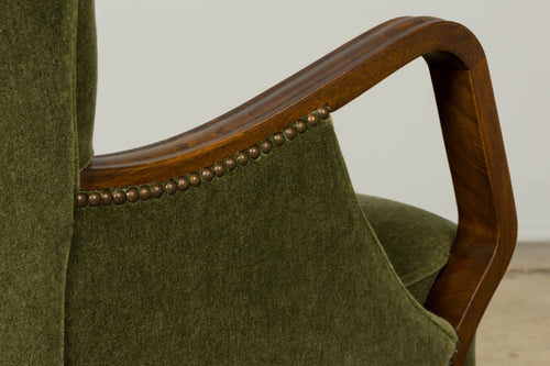 1940s Danish Art Deco Walnut Lounge Chairs by Alfred Christensen in Olive Green Mohair, Pair