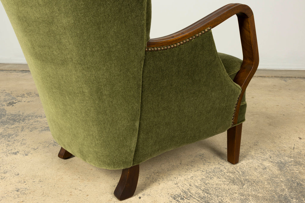 1940s Danish Art Deco Walnut Lounge Chairs by Alfred Christensen in Olive Green Mohair, Pair