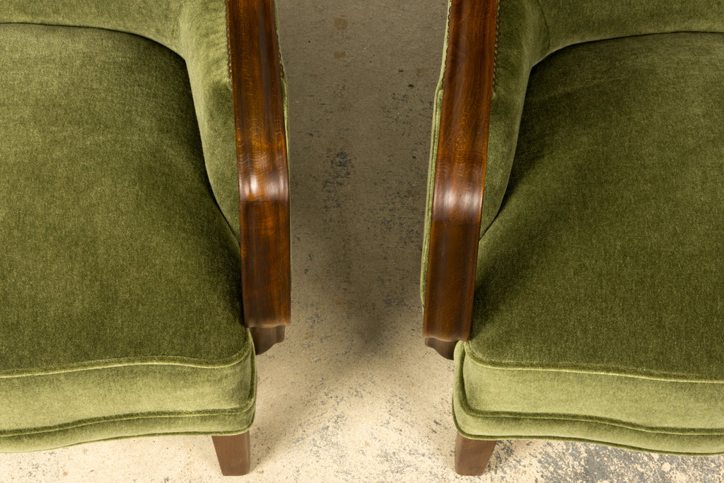 1940s Danish Art Deco Walnut Lounge Chairs by Alfred Christensen in Olive Green Mohair, Pair