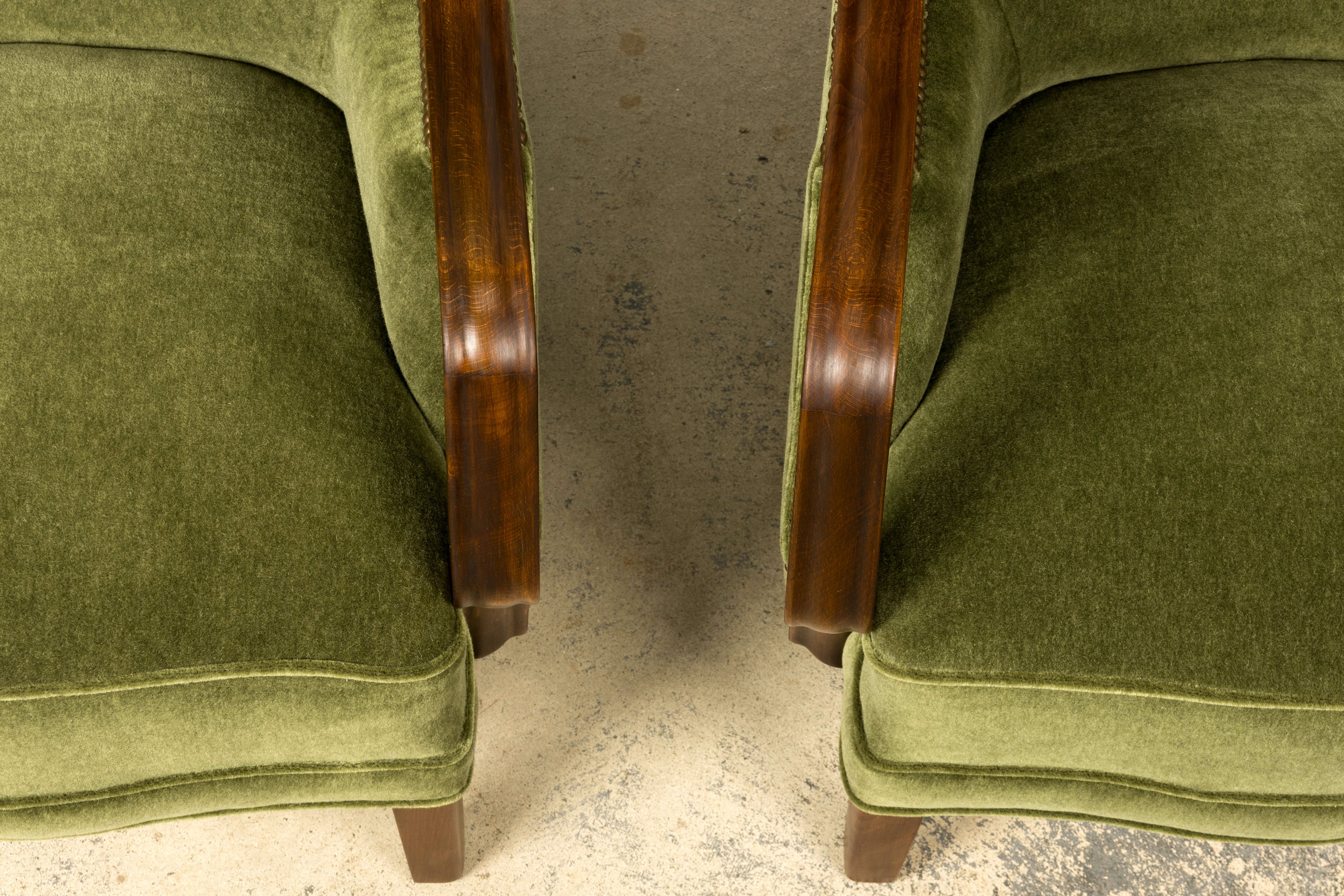 1940s Danish Art Deco Walnut Lounge Chairs by Alfred Christensen in Olive Green Mohair, Pair