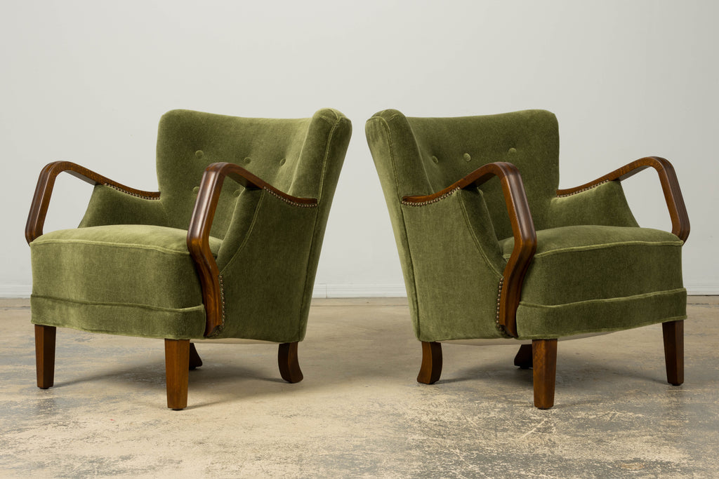 1940s Danish Art Deco Walnut Lounge Chairs by Alfred Christensen in Olive Green Mohair, Pair