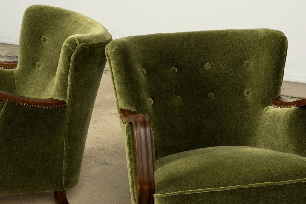 1940s Danish Art Deco Walnut Lounge Chairs by Alfred Christensen in Olive Green Mohair, Pair