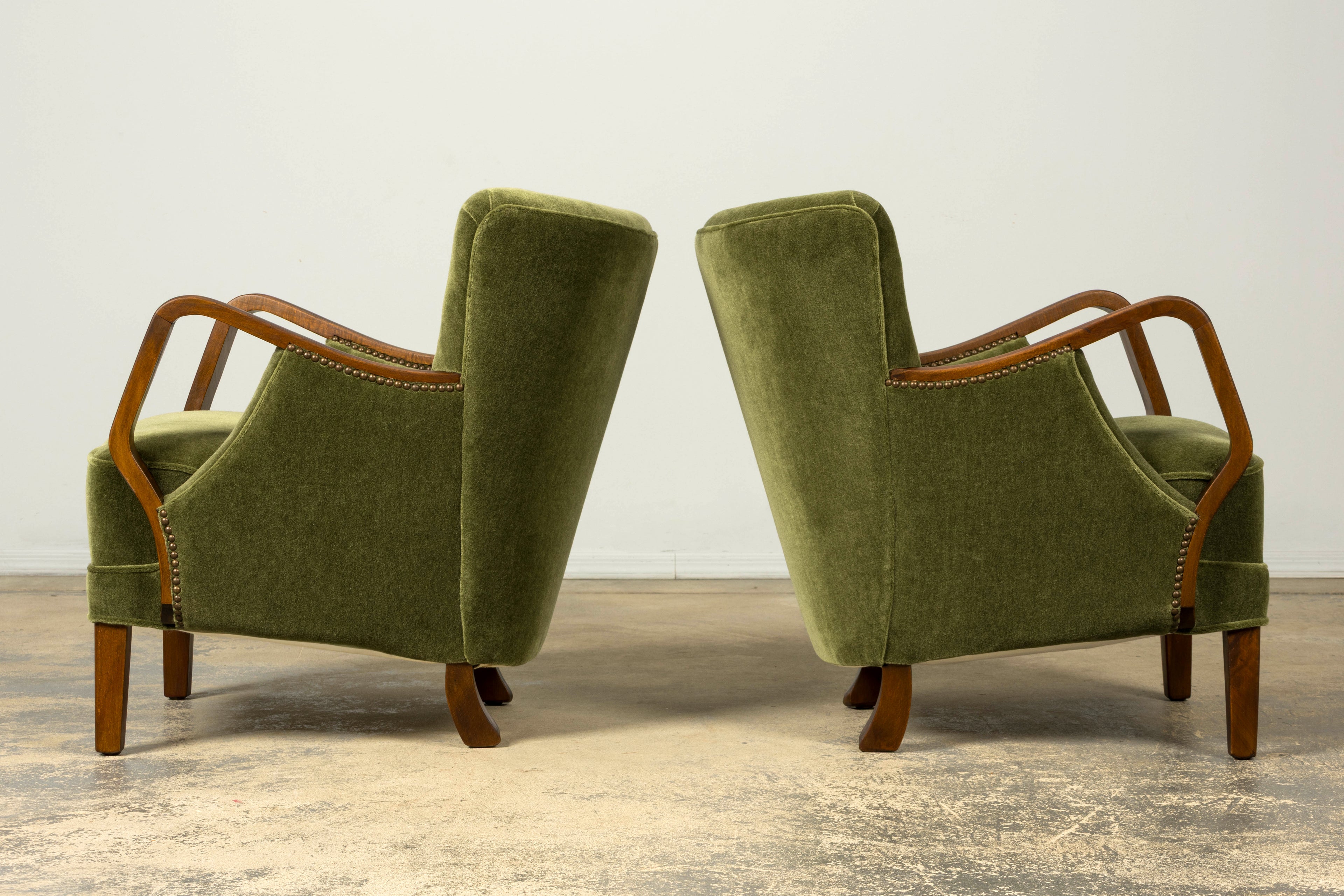 1940s Danish Art Deco Walnut Lounge Chairs by Alfred Christensen in Olive Green Mohair, Pair