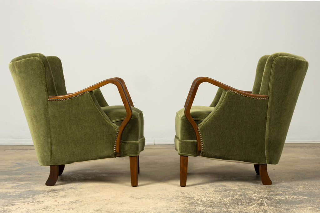 1940s Danish Art Deco Walnut Lounge Chairs by Alfred Christensen in Olive Green Mohair, Pair