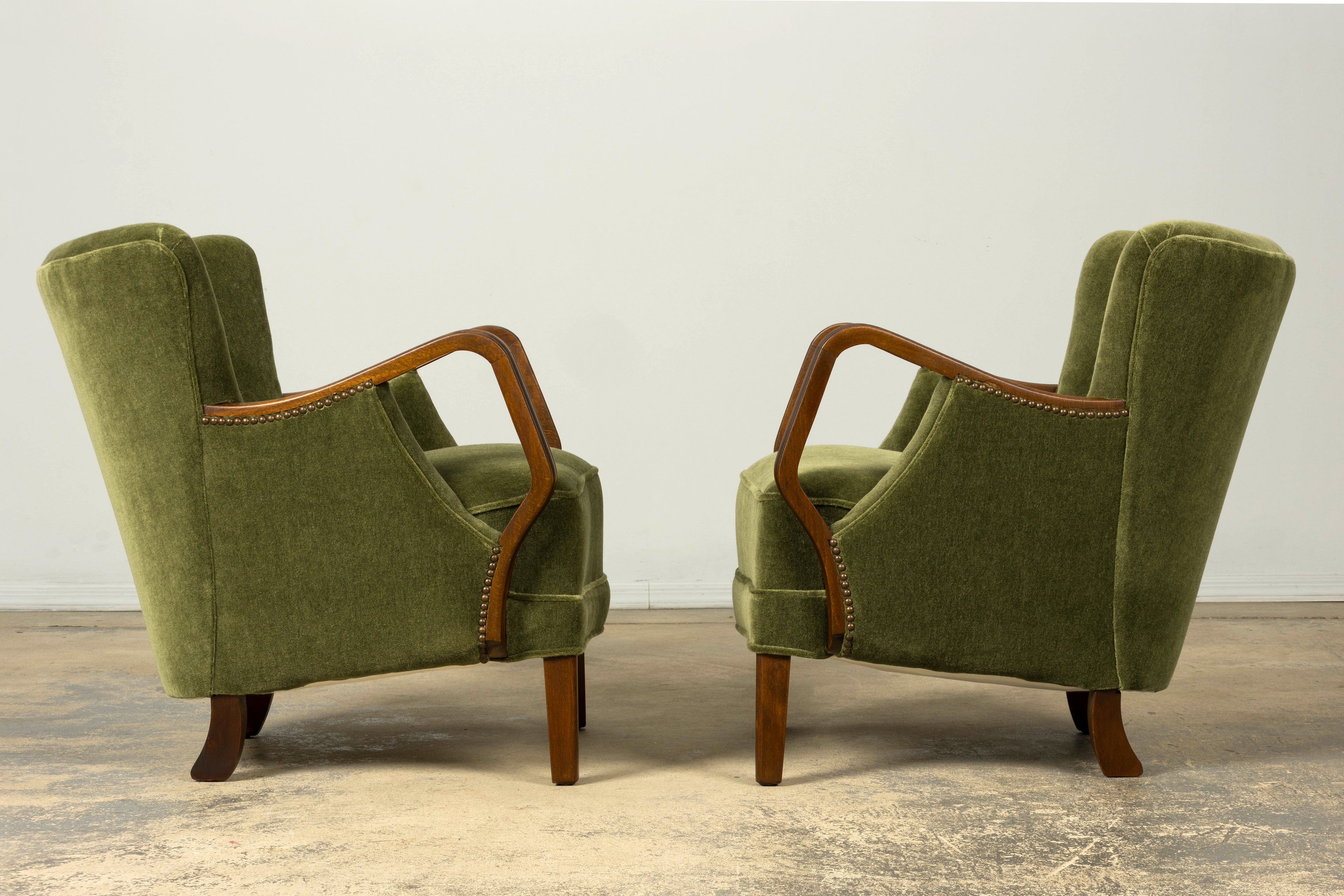 1940s Danish Art Deco Walnut Lounge Chairs by Alfred Christensen in Olive Green Mohair, Pair