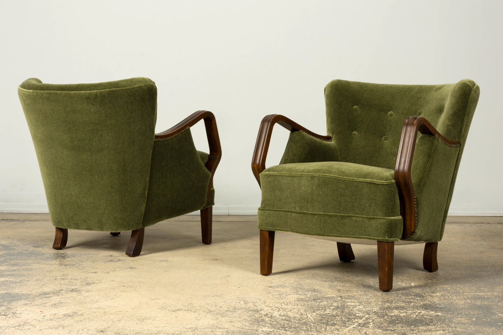 1940s Danish Art Deco Walnut Lounge Chairs by Alfred Christensen in Olive Green Mohair, Pair