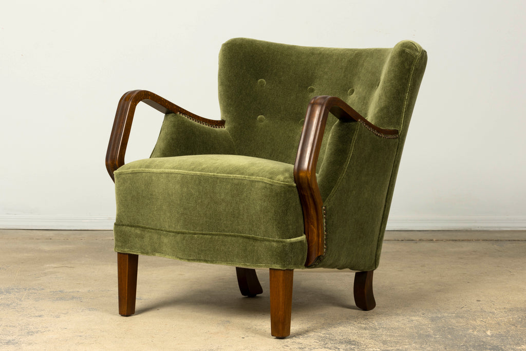 1940s Danish Art Deco Walnut Lounge Chairs by Alfred Christensen in Olive Green Mohair, Pair
