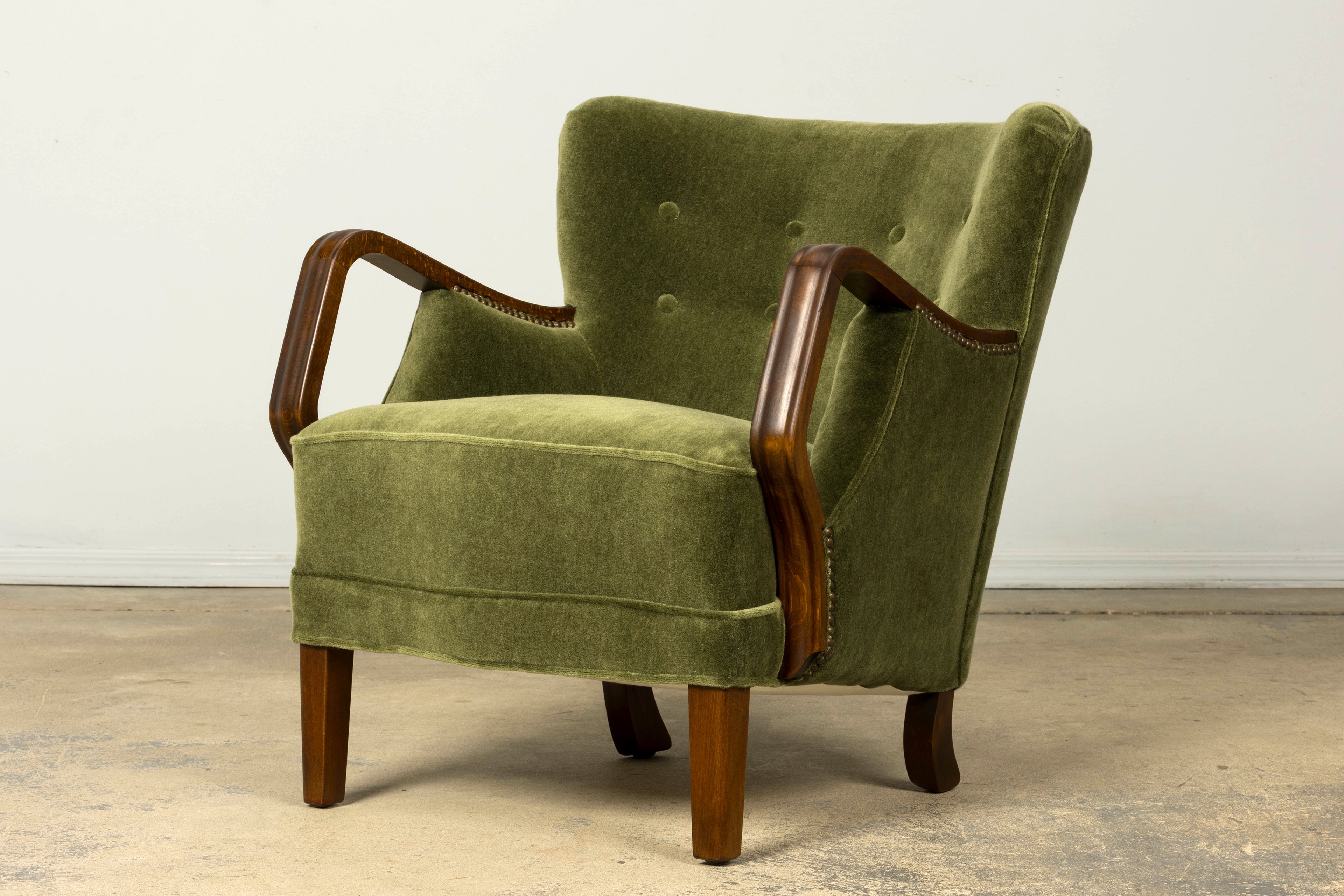 1940s Danish Art Deco Walnut Lounge Chairs by Alfred Christensen in Olive Green Mohair, Pair