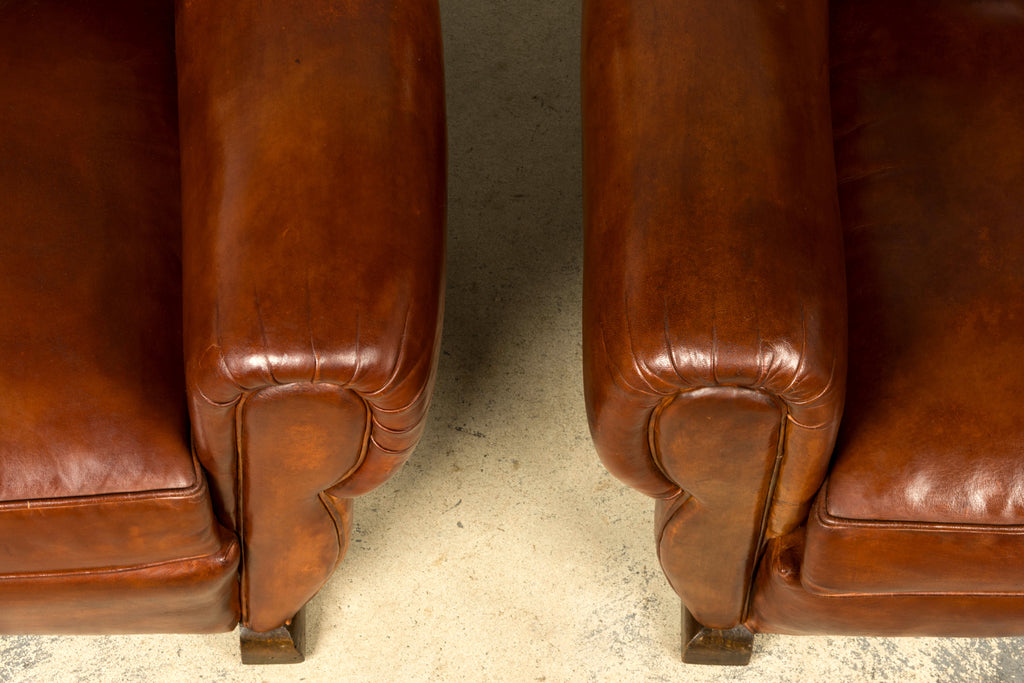 1940s French Art Deco Cognac Leather Club Chairs, Pair
