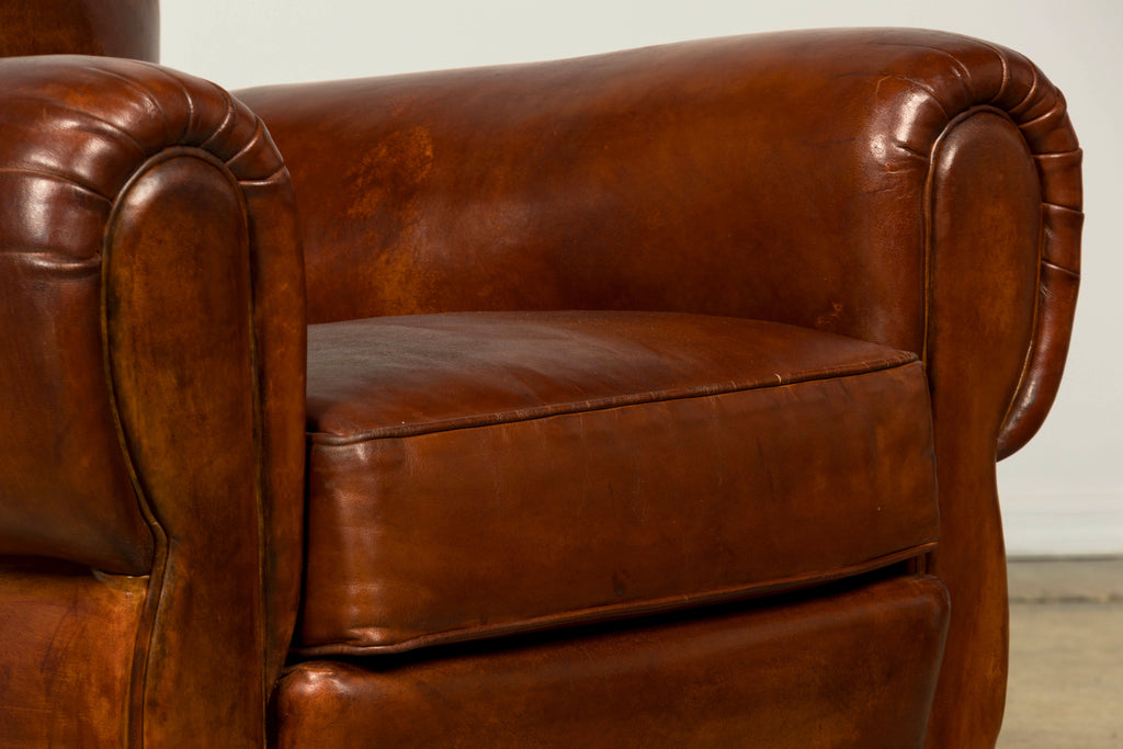 1940s French Art Deco Cognac Leather Club Chairs, Pair