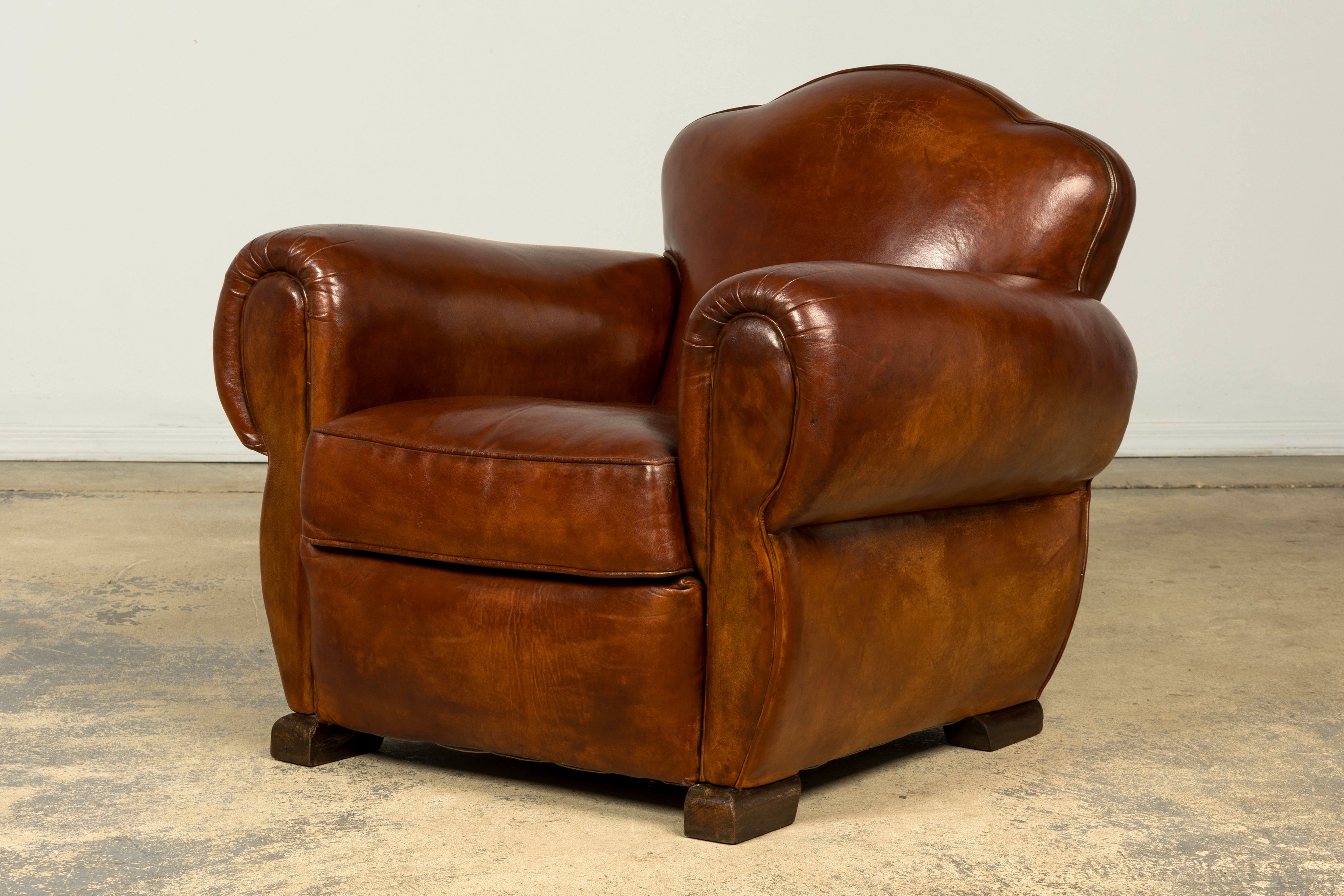 1940s French Art Deco Cognac Leather Club Chairs, Pair