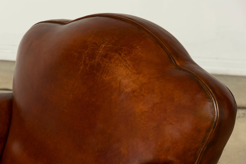 1940s French Art Deco Cognac Leather Club Chairs, Pair