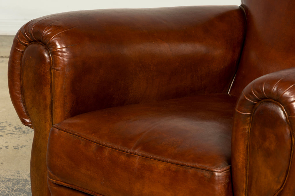 1940s French Art Deco Cognac Leather Club Chairs, Pair