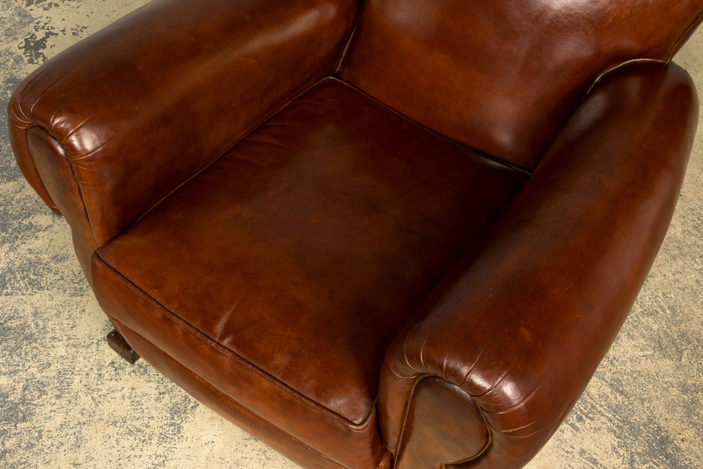1940s French Art Deco Cognac Leather Club Chairs, Pair