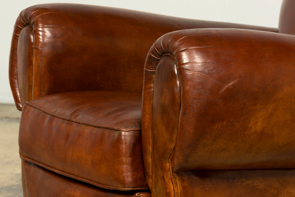 1940s French Art Deco Cognac Leather Club Chairs, Pair