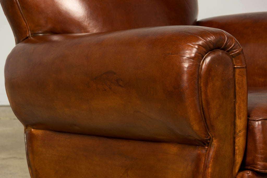 1940s French Art Deco Cognac Leather Club Chairs, Pair