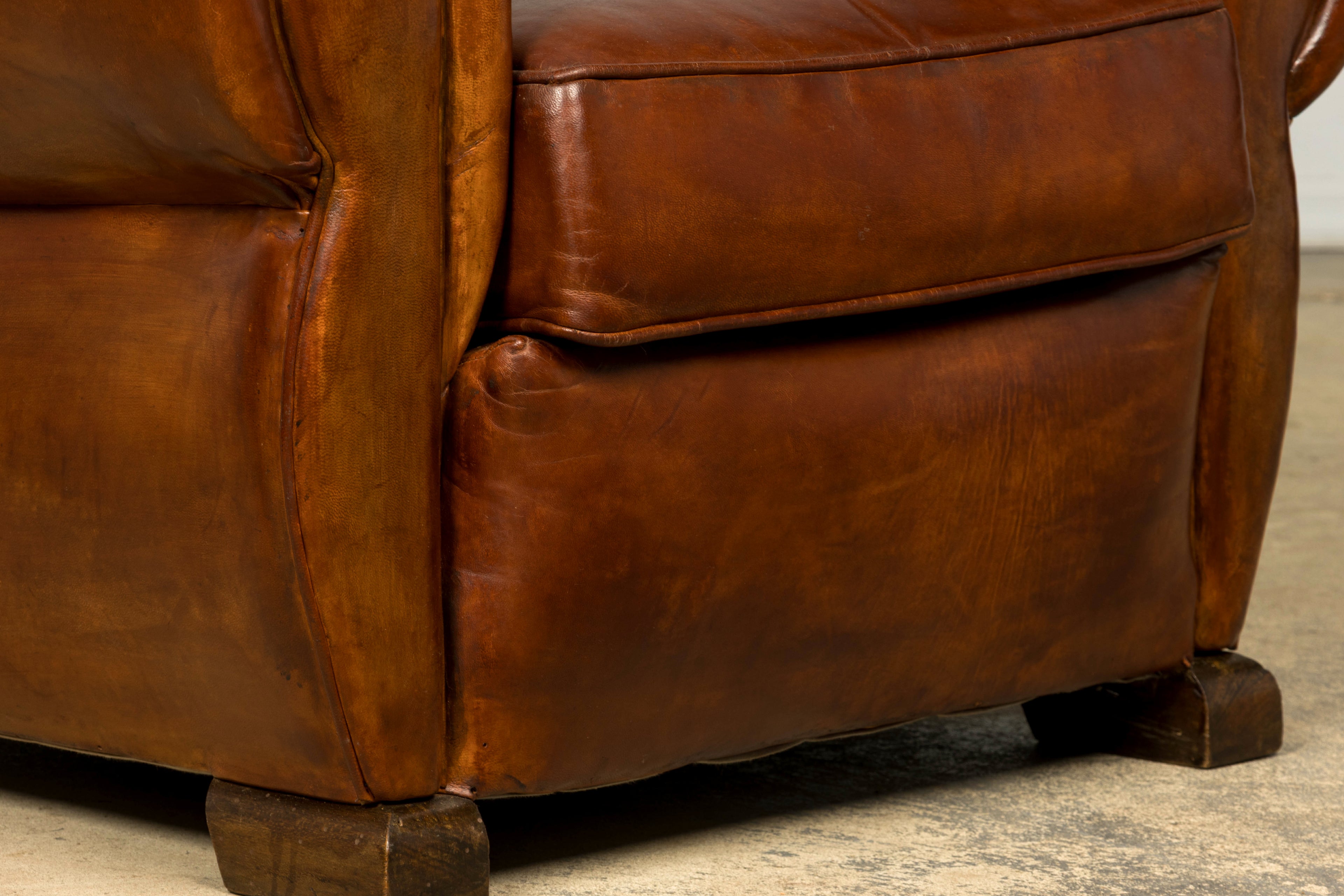 1940s French Art Deco Cognac Leather Club Chairs, Pair