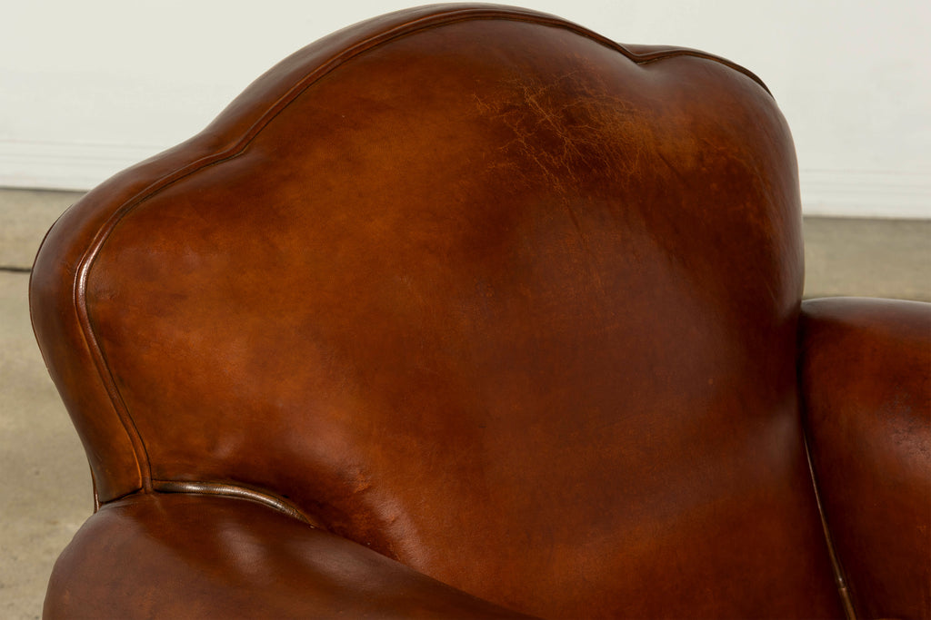 1940s French Art Deco Cognac Leather Club Chairs, Pair