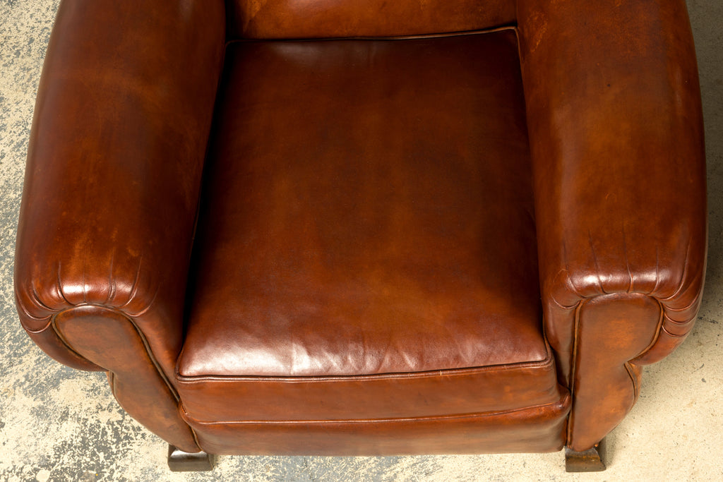1940s French Art Deco Cognac Leather Club Chairs, Pair