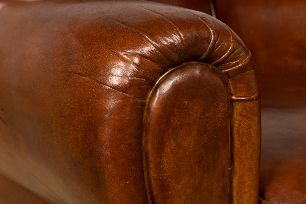 1940s French Art Deco Cognac Leather Club Chairs, Pair