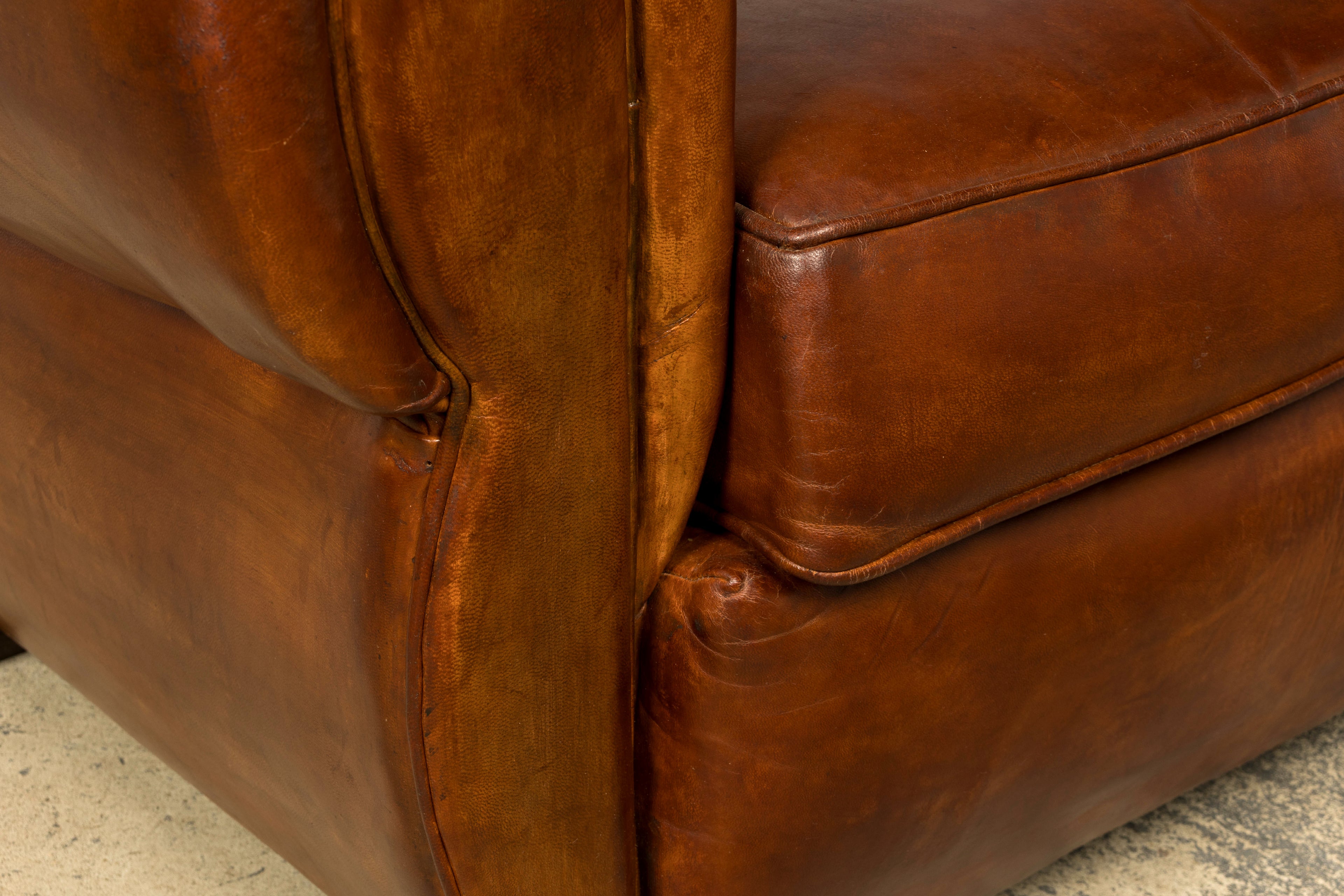 1940s French Art Deco Cognac Leather Club Chairs, Pair