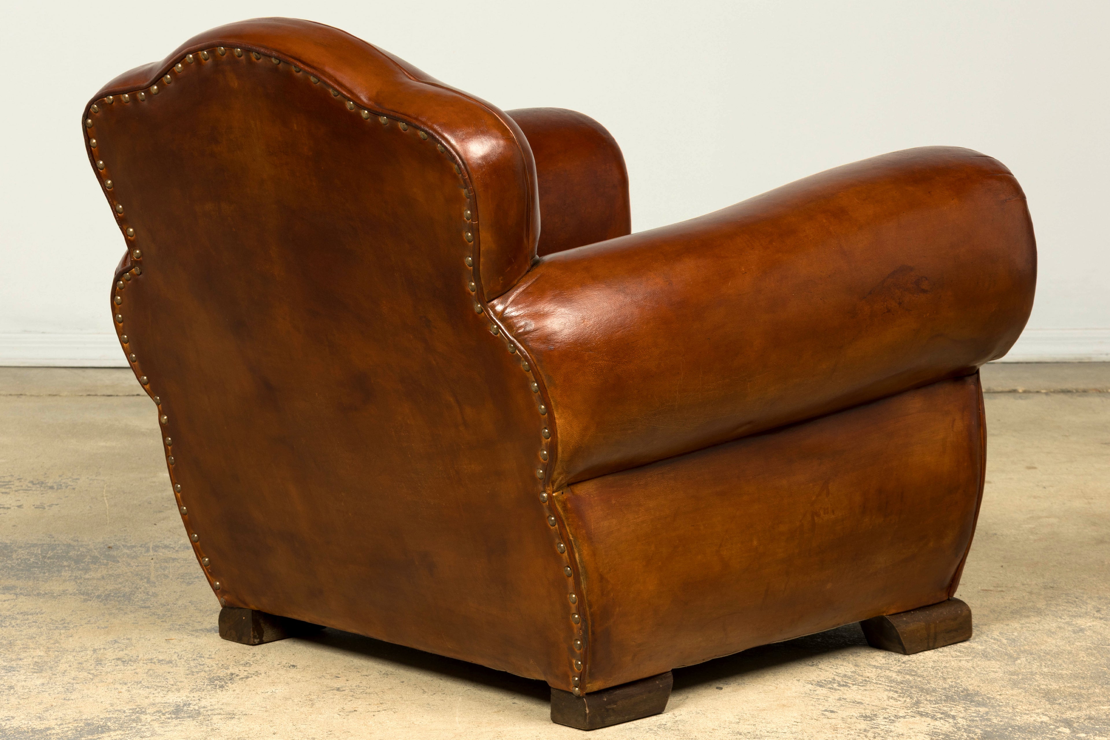 1940s French Art Deco Cognac Leather Club Chairs, Pair