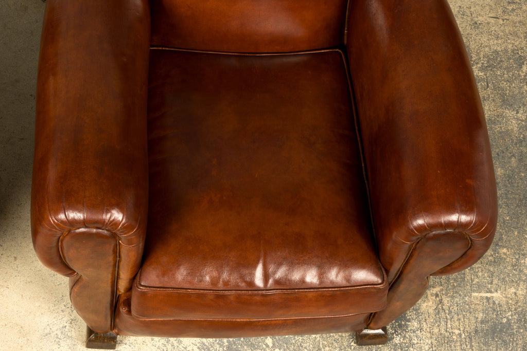 1940s French Art Deco Cognac Leather Club Chairs, Pair