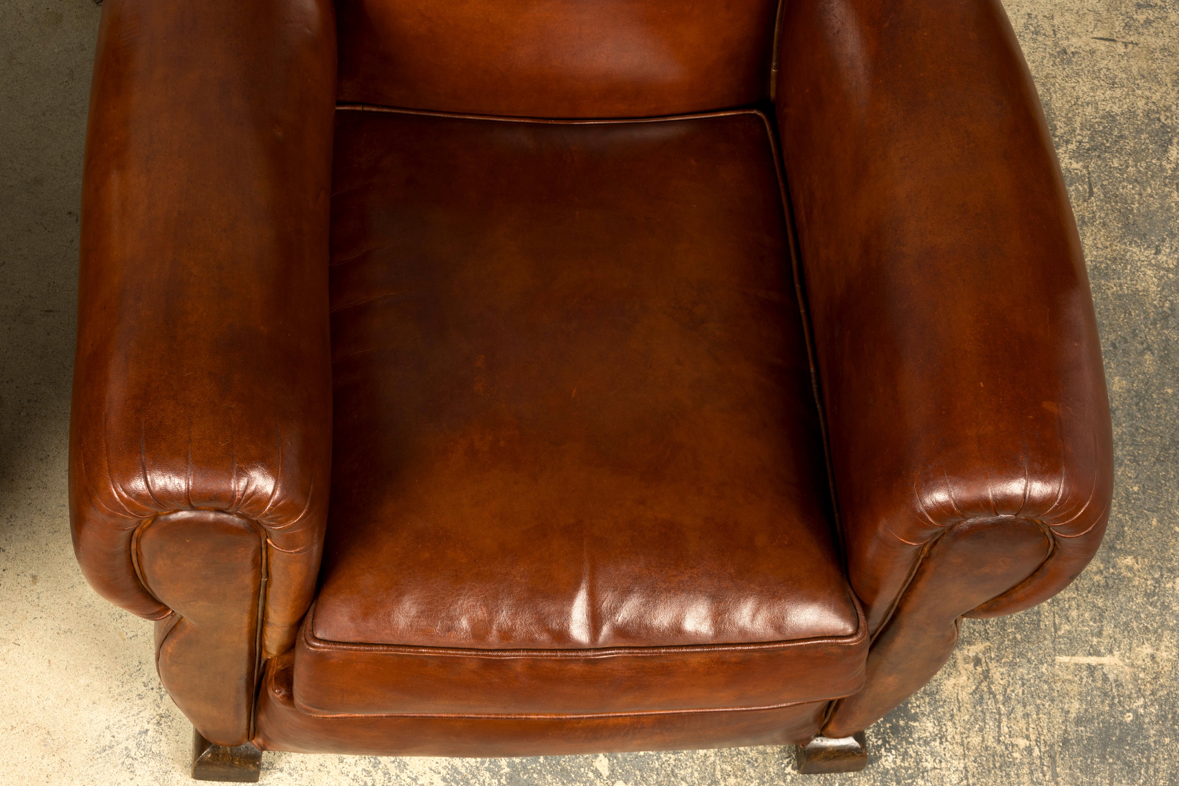 1940s French Art Deco Cognac Leather Club Chairs, Pair