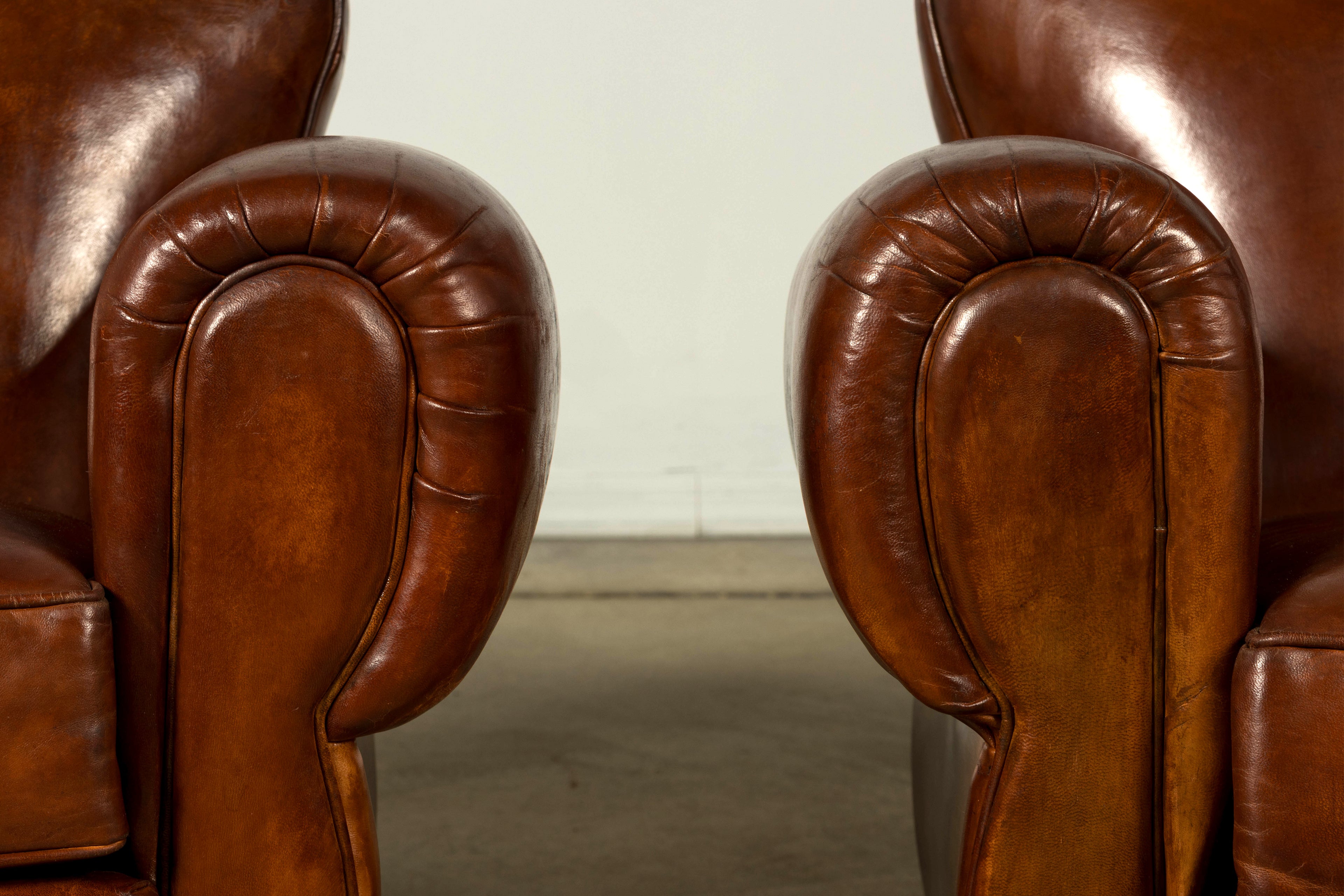 1940s French Art Deco Cognac Leather Club Chairs, Pair