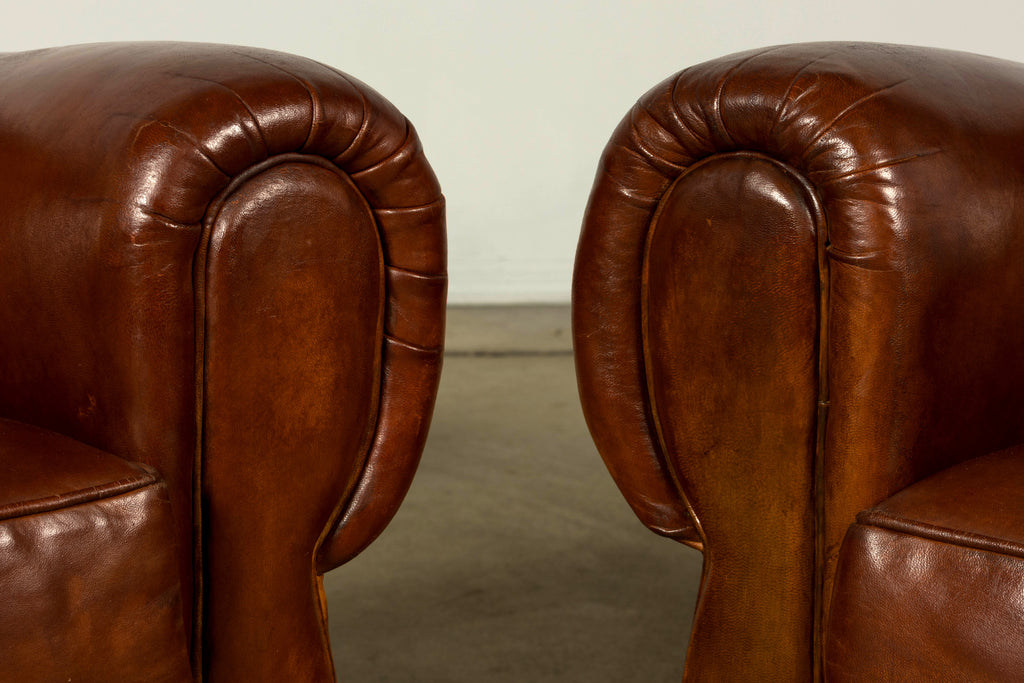 1940s French Art Deco Cognac Leather Club Chairs, Pair