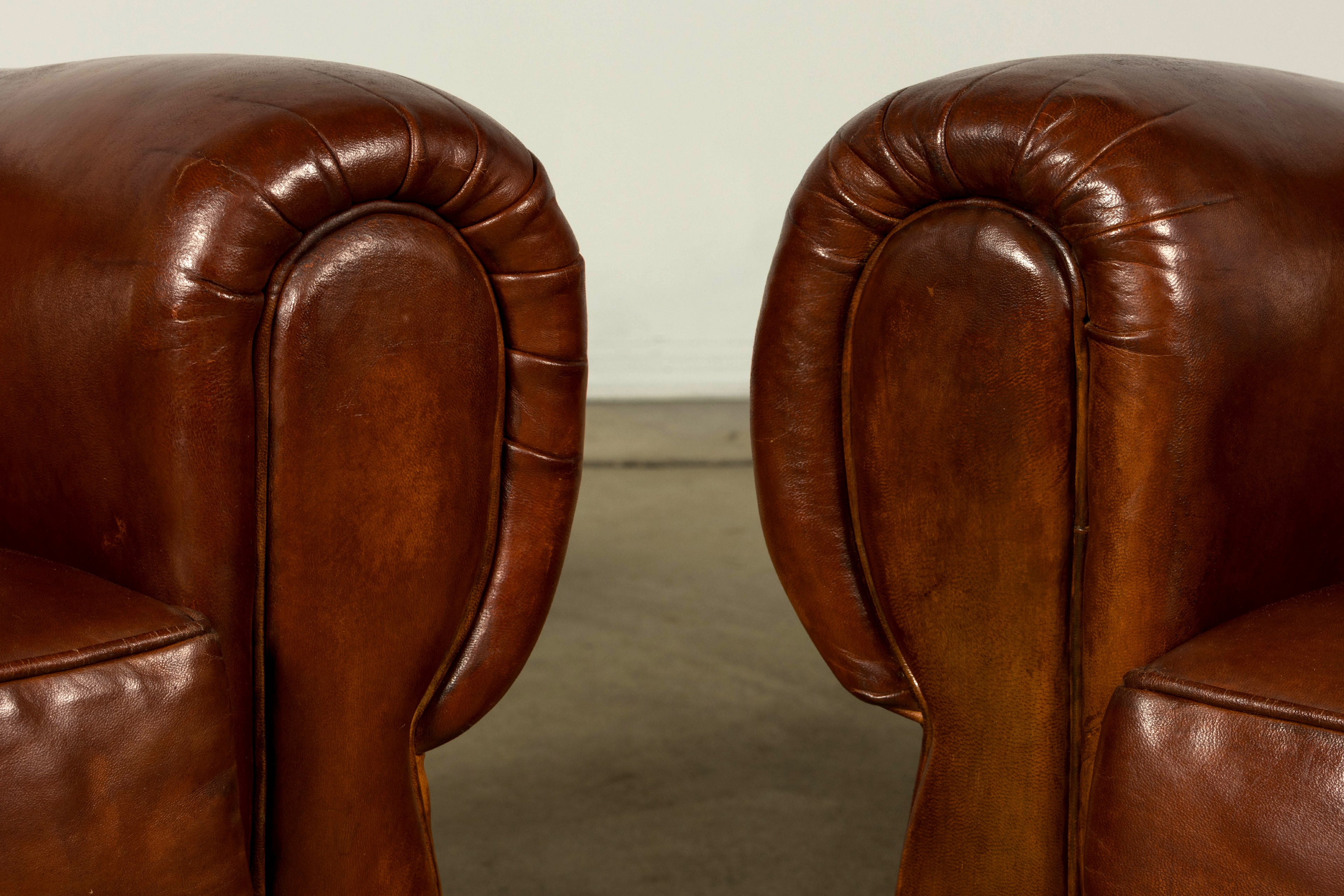 1940s French Art Deco Cognac Leather Club Chairs, Pair