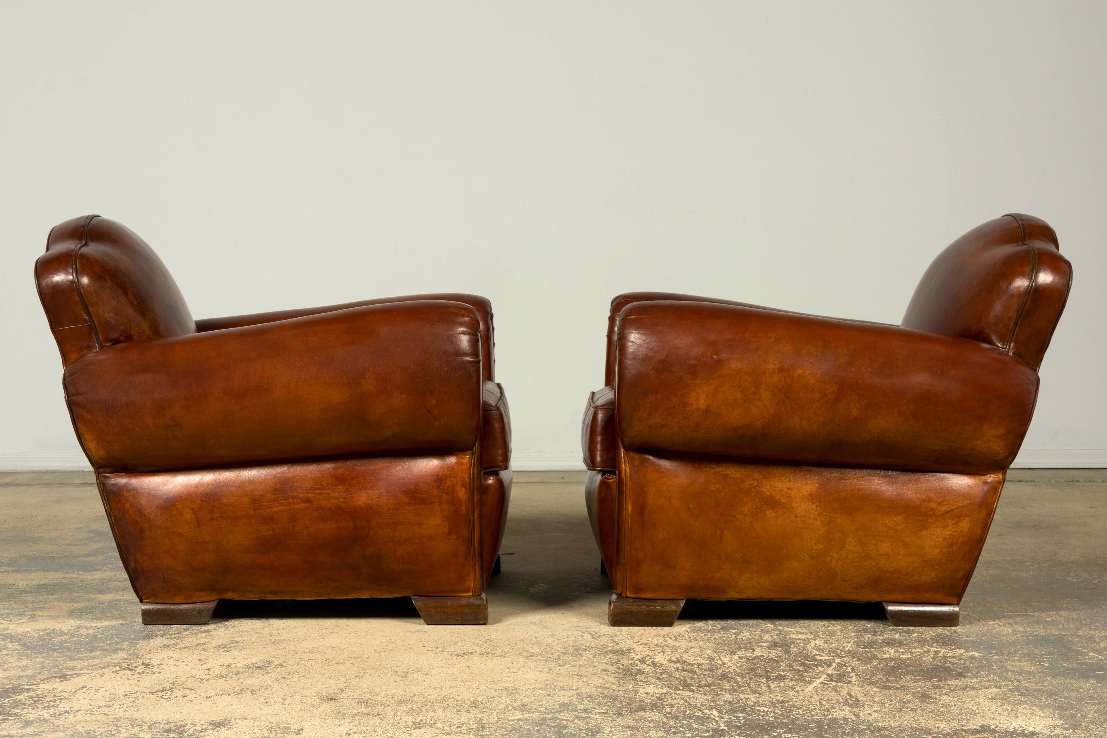 1940s French Art Deco Cognac Leather Club Chairs, Pair