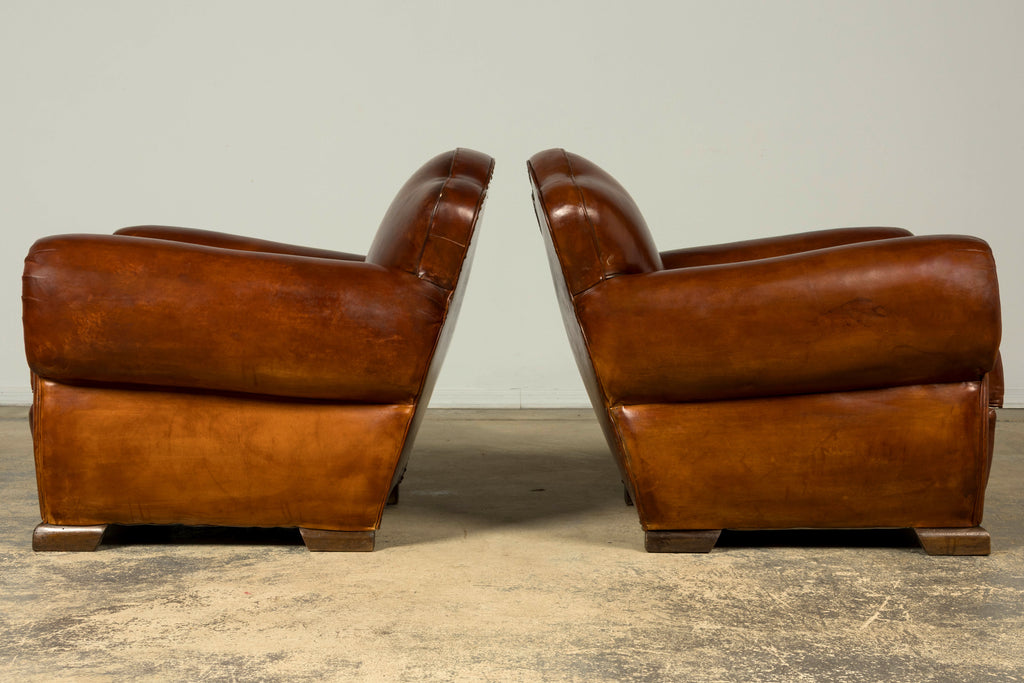 1940s French Art Deco Cognac Leather Club Chairs, Pair