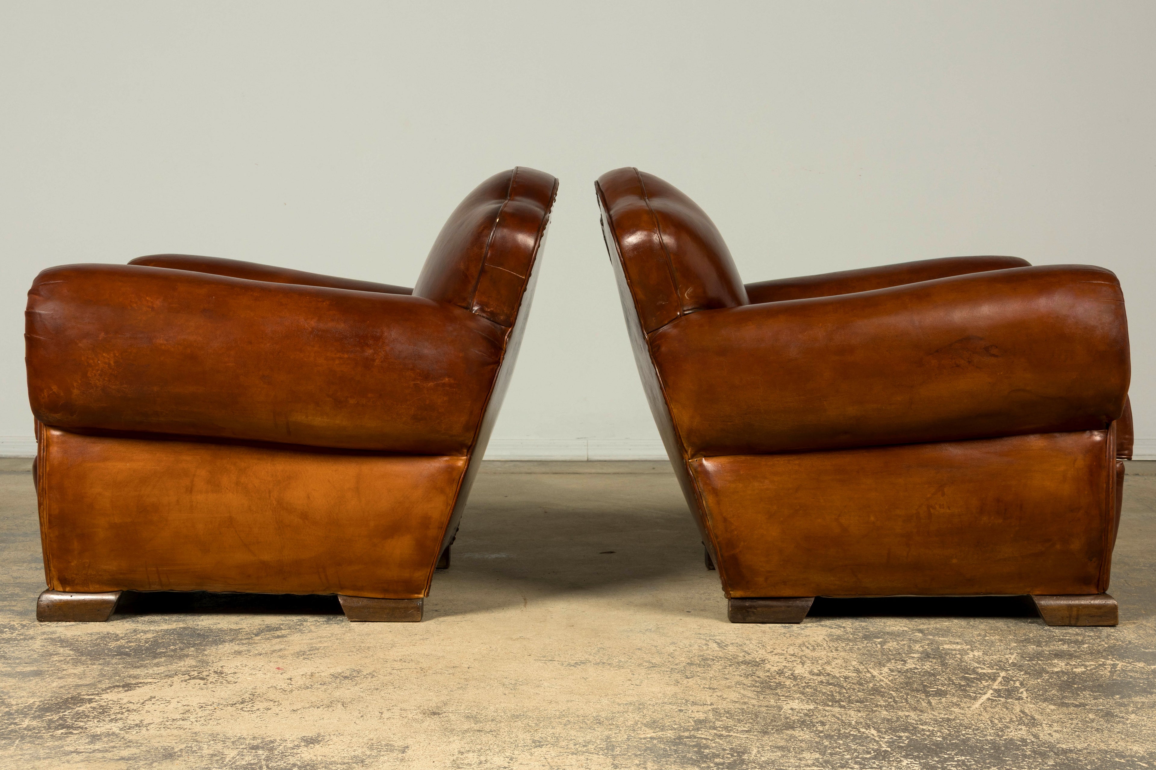 1940s French Art Deco Cognac Leather Club Chairs, Pair