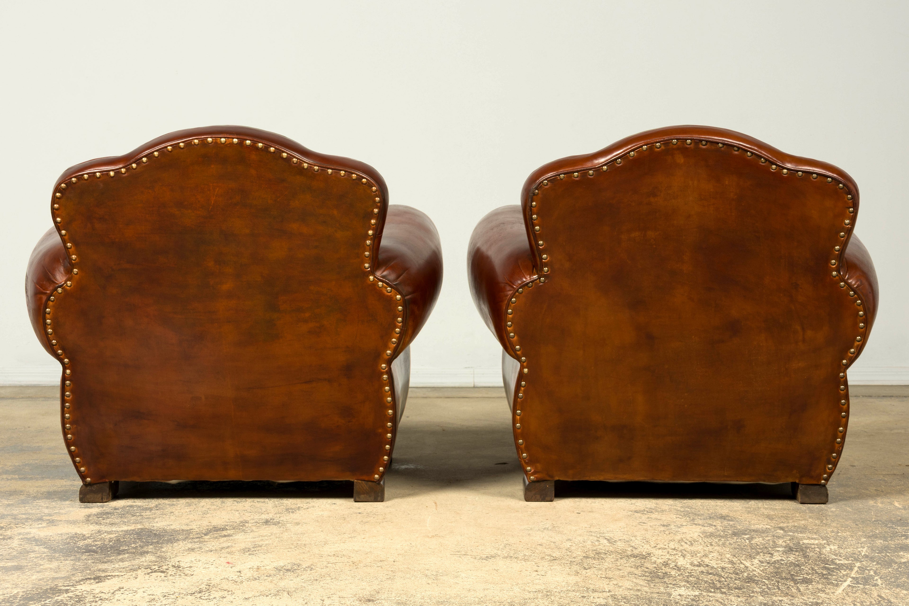 1940s French Art Deco Cognac Leather Club Chairs, Pair