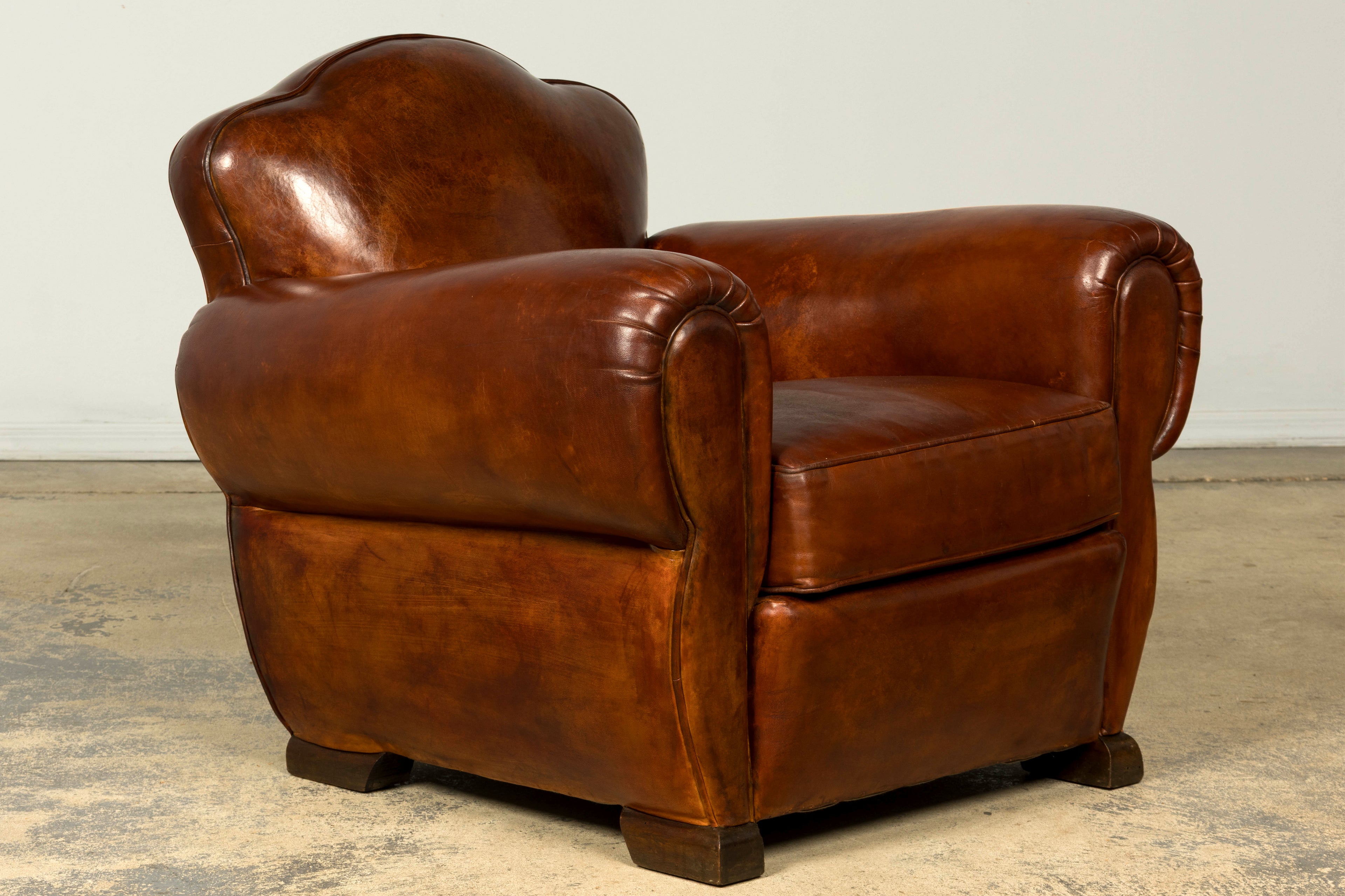 1940s French Art Deco Cognac Leather Club Chairs, Pair