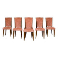 1940s French Parisian Art Deco Oak Dining Chairs in Blush Velvet - Set of 6